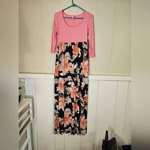 Bellamie Size Large Pink And Floral Maxi Dress 3/4 Sleevea